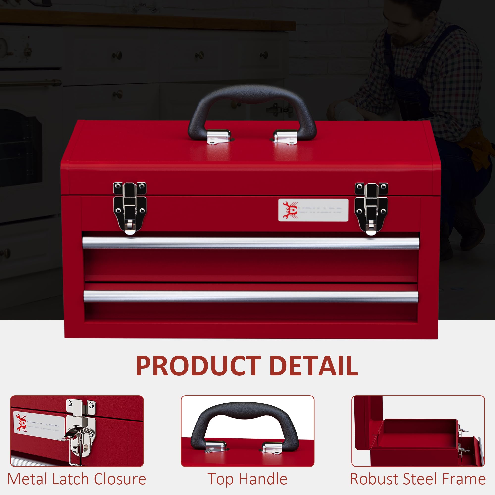 DURHAND 3 Drawer Tool Chest, Lockable Metal Tool Box with Ball Bearing Runners, Portable Toolbox, 510mm x 220mm x 320mm, Red