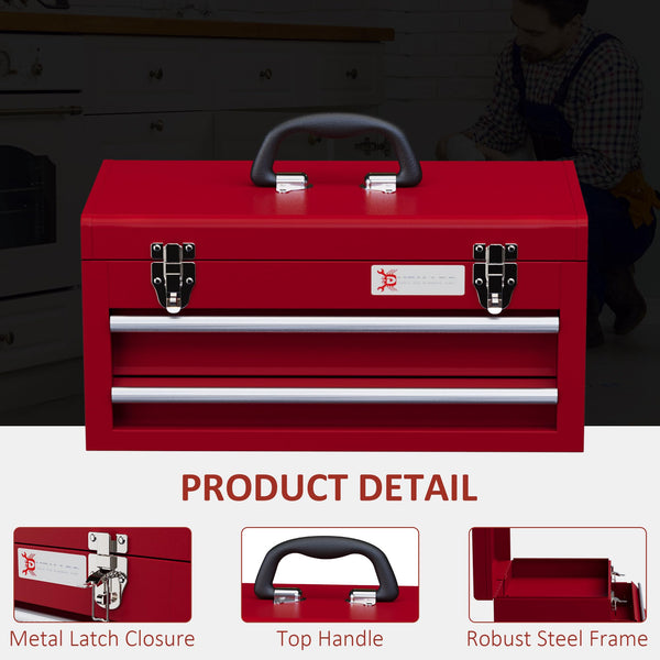 DURHAND 3 Drawer Tool Chest, Lockable Metal Tool Box with Ball Bearing Runners, Portable Toolbox, 510mm x 220mm x 320mm, Red