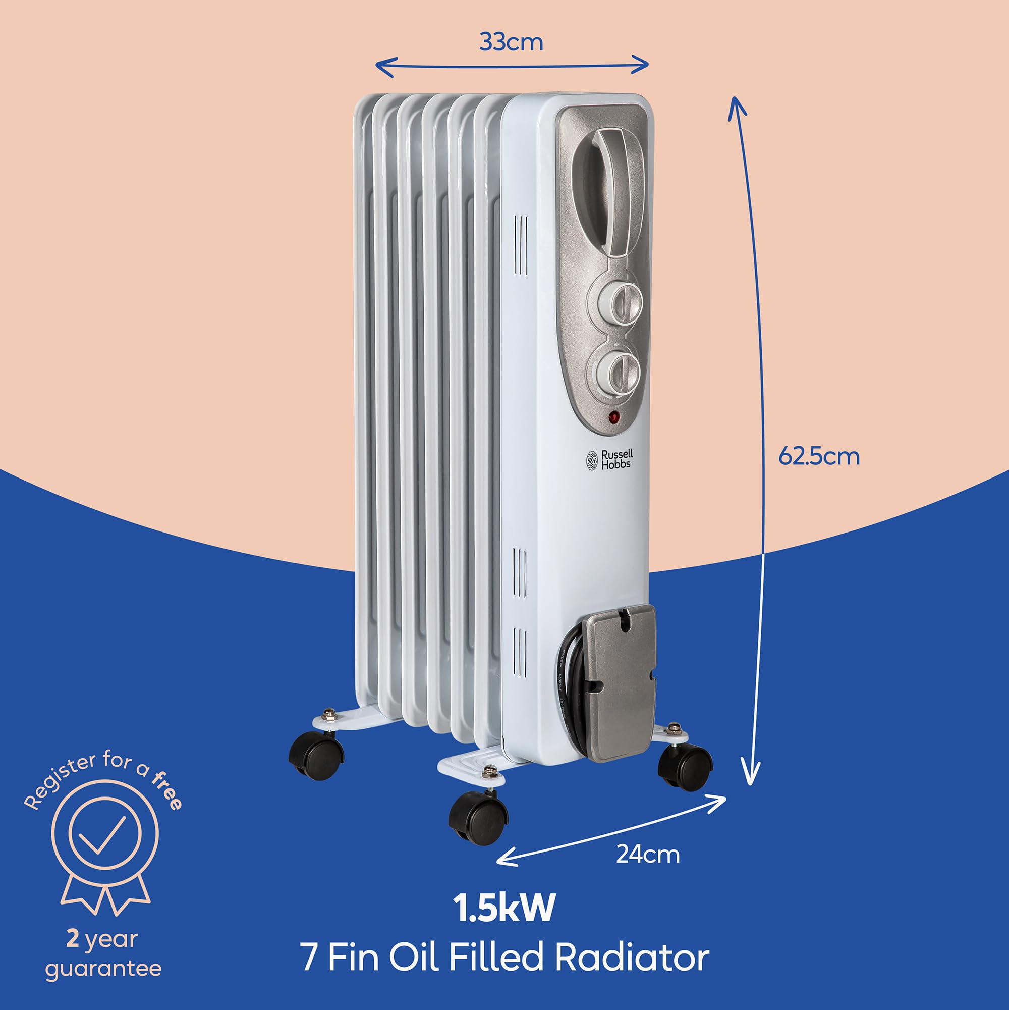 Russell Hobbs 1500W/1.5KW Oil Filled Radiator, 7 Fin Portable Electric Heater - White, Adjustable Thermostat with 3 Heat Settings, Safety Cut-off, 15 m sq Room Size, RHOFR5001, 2 Year Guarantee