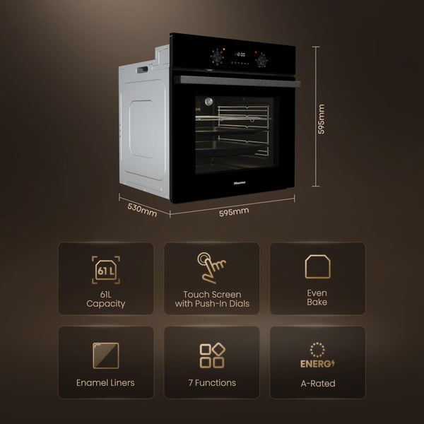 Hisense BI64211PB 77 Litre Built In Electric Single Oven With Pyrolytic Cleaning, Pizza Mode, Multiphase Cooking- Black 22x23x23 inches (LxWxH) - A+ Rated, Extra Large