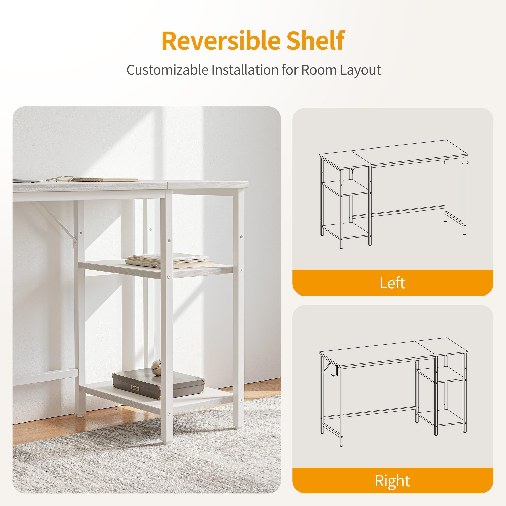 CubiCubi Computer Desk with Monitor Stand and Storage Shelves, 120cm Home Office Desk Study Writing Table, White