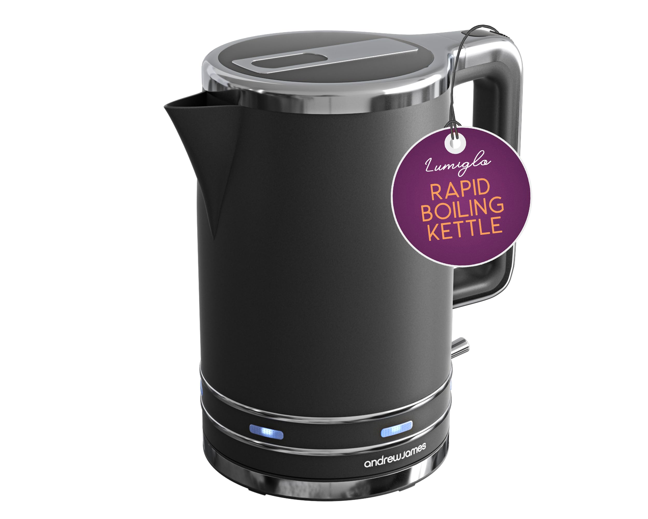 Andrew James Fast Boil Electric Kettle, Large 1.7L Capacity, Cordless Quiet Kettle with Reusable Filter, Quick Boil, Modern, Stylish, Practical, Lumiglo 3000W (Black)