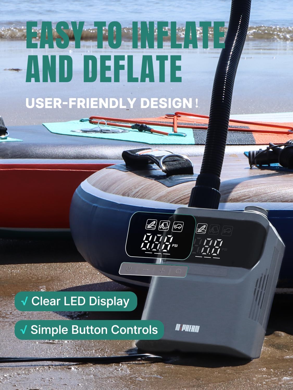 Niphean Paddle Board Pump with (Extra-Long) 118'' Charging Cable, 50 PSI Tyre Inflator with Storage Bag, Electric Pump for Inflatables&Deflation, Car Tyre Inflator for SUP, Balloon, Mattress