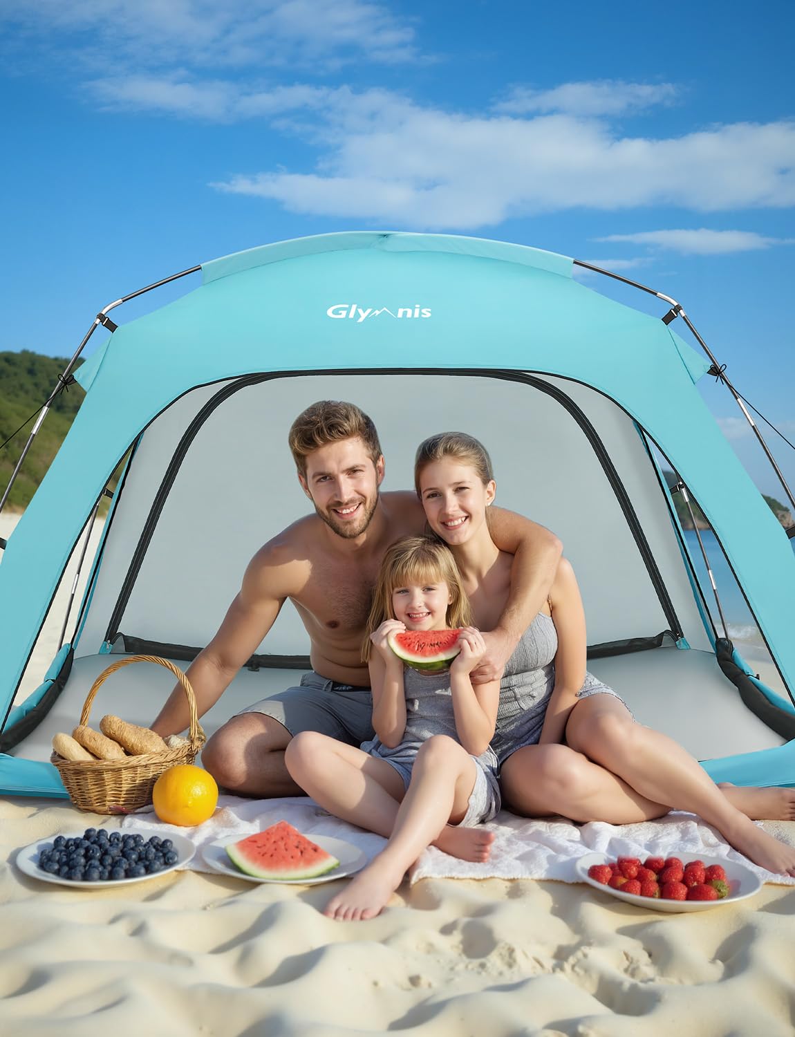 Glymnis Beach Tent Large for 3-4 Person, Portable UV Protection Beach Sun Shelter for Adults, Lightweight Sun Shade Tent for Beach, Picnic, Fishing