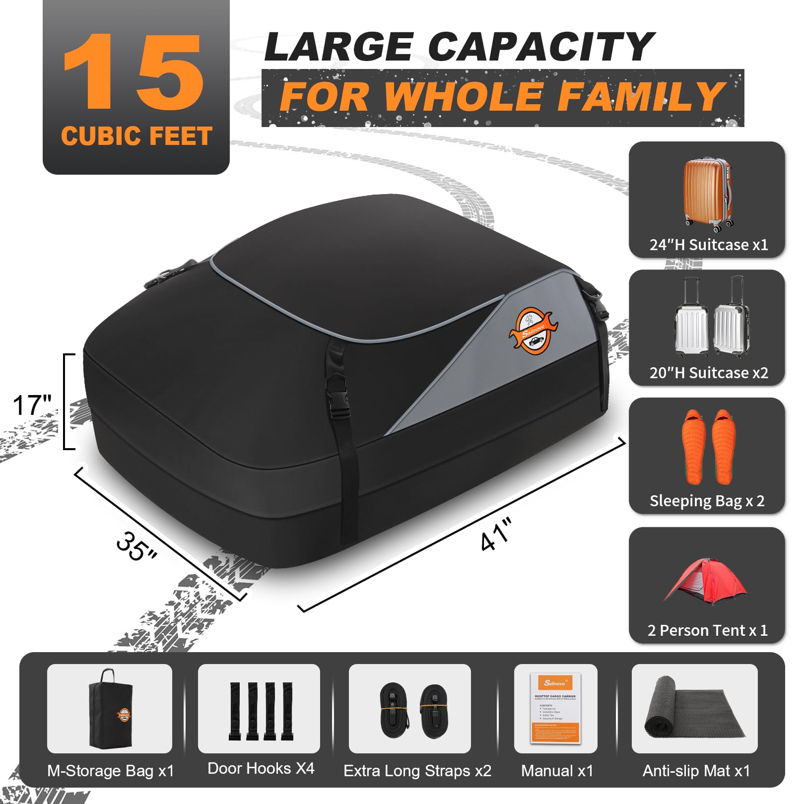 Sailnovo Roof Box Roof Bag 580L/20 Cubic Waterproof Car Roof Bag with 6 Door hooks, Soft-Shell Large Roof Cargo Carrier Bags for Cars without/with Roof Bars/Rack/Rails, Black