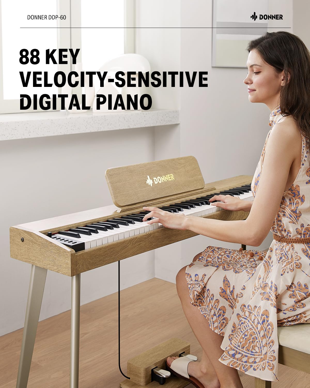 Donner DDP-60 88 Key Digital Piano for Beginner, Electric Keyboard with Velocity-Sensitive Keys, 128 Voices, 83 Rhythms, 8 Reverb Effects, 5 Strength Curves, Auto Chord, Gray