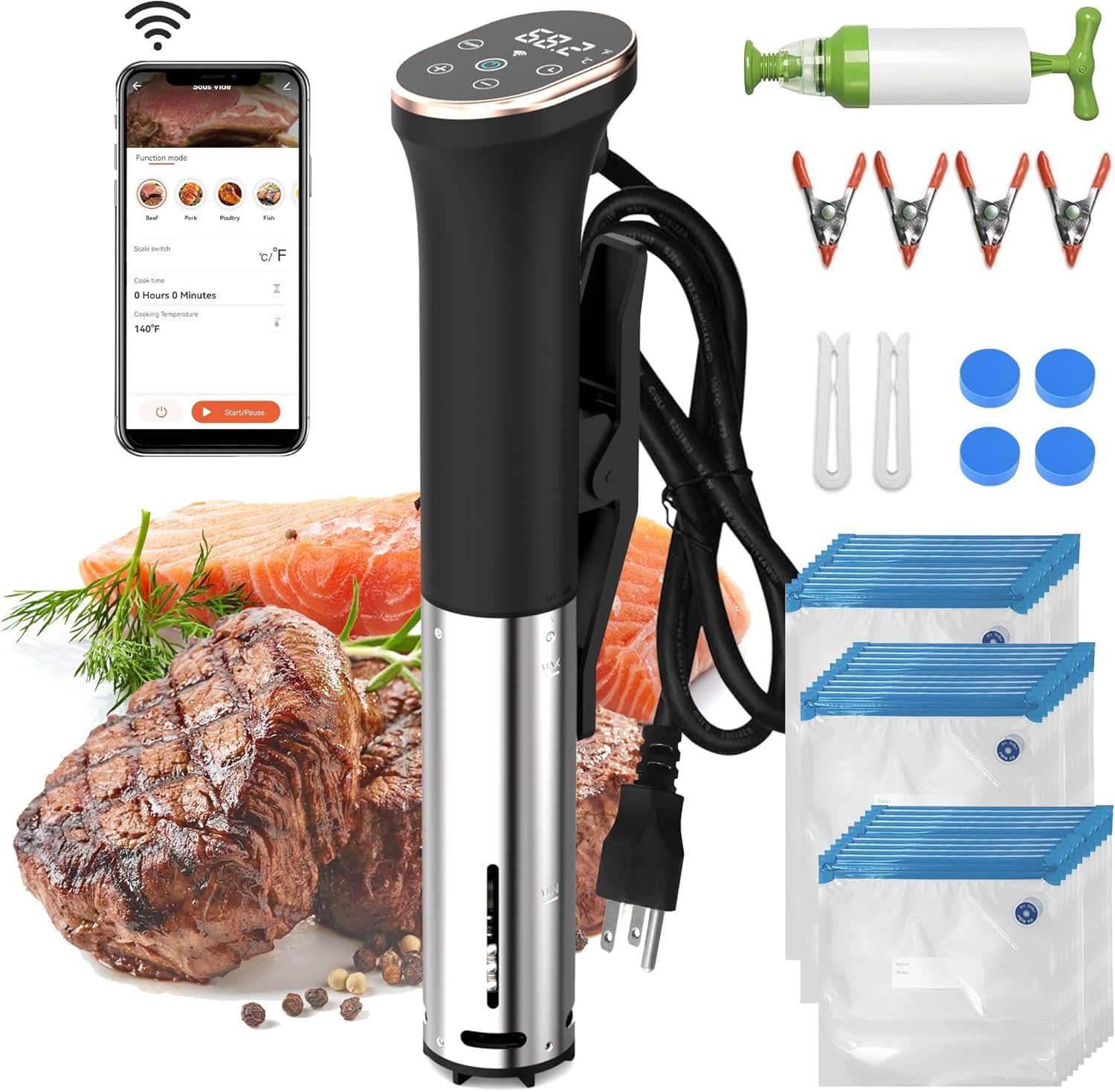 Karinear WIFI Sous Vide Kit Set with Extractor Pump Sealed Bag Clip with Temperature Time LED Stainless Steel Precision Cooker Immersion Circulator
