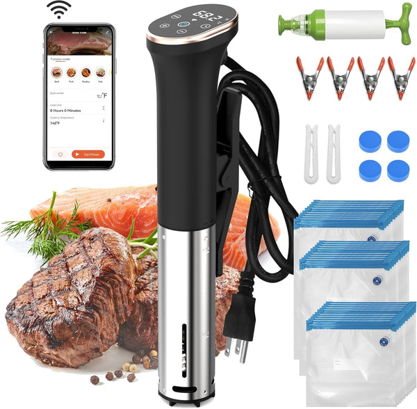 Karinear WIFI Sous Vide Kit Set with Extractor Pump Sealed Bag Clip with Temperature Time LED Stainless Steel Precision Cooker Immersion Circulator