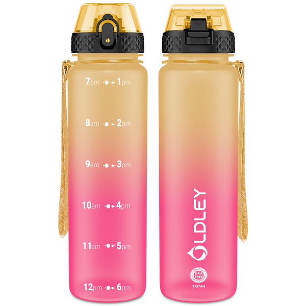 OLDLEY 1L/32oz Sports Water Bottle, 1000ml Motivational Drinks Bottle with Time Markings Leak Proof Drink & Lock Cover & No Straw, BPA Free for Adults Women Men Gym School Cycling Running Hiking
