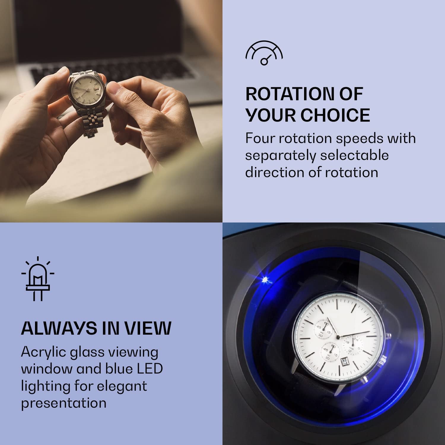 KLARSTEIN St. Gallen Premium - Automatic Watch Winder, Rotator, Holder, Case for 2 Watches, 4 Speeds, Right-Left Running