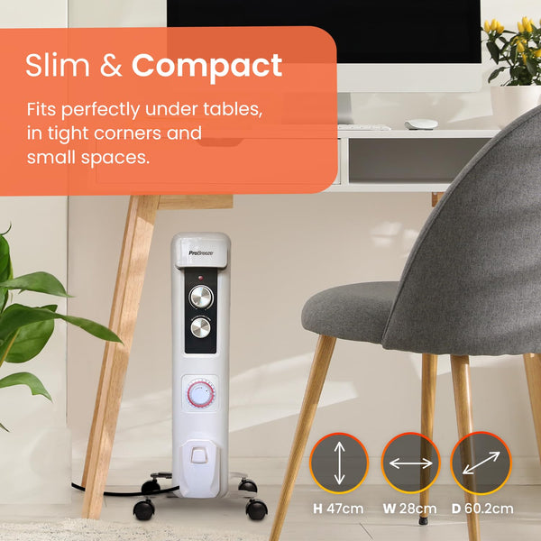 Pro Breeze Oil Filled Radiator with 11 Fins - Slim Electric Radiator - Portable Oil Heater with Built-in 24 Hour Timer, 3 Heat Settings, Adjustable Thermostat (White)