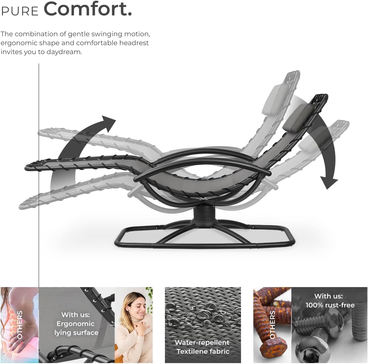 TecTake® Sun Lounger with Rocking Function, Ergonomic Garden Chair with Breathable Fabric, Thick Head Cushion, Curved Armrests & Sturdy Steel Frame, Outdoor Chair for Garden, Patio, Balcony - Grey