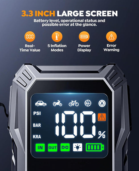 Jump Starter Power Pack with Air Compressor, YaberAuto 6000A Portable Car Battery Booster (All Petrol/10L Diesel), 12V Car Jump Starter Power Bank with Jump Leads, LCD Screen, Emergency Light