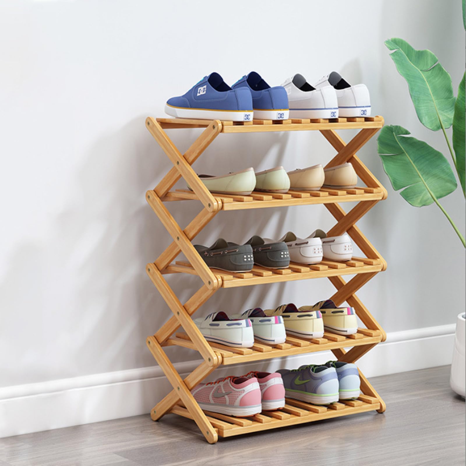 Glsety 5 Tier Bamboo Shoe Rack,Portable Folding Shoe Storage Rack,Without Installation Small Shoe Rack Perfect for Corridors, Bedrooms and Small