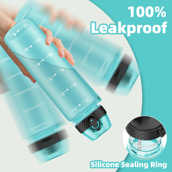 OLDLEY 1L/32oz Sports Water Bottle, 1000ml Motivational Drinks Bottle with Time Markings Leak Proof Drink & Lock Cover & No Straw, BPA Free for Adults Women Men Gym School Cycling Running Hiking