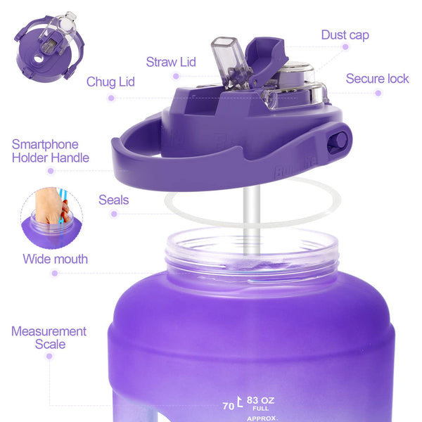 BuildLife Water Bottles with Straw & Flip Cap 2 in 1 Lid - Large Water Bottle with Time Markings BPA Free Leak Proof Wide Mouth Drinks Bottle,2.5 Litre Durable Sports Water Bottle (Black)