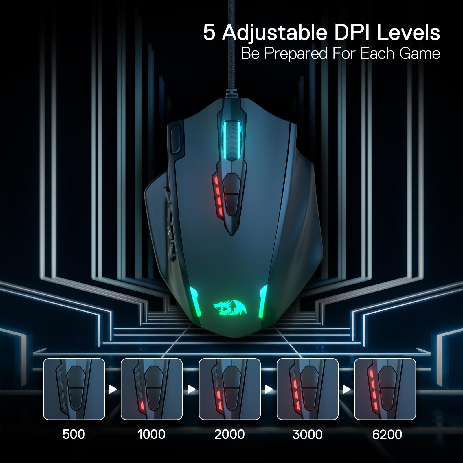 Redragon M908 Impact RGB LED MMO Mouse with Side Buttons Optical Wired Gaming Mouse with 12,400DPI, High Precision, 20 Programmable Mouse Buttons