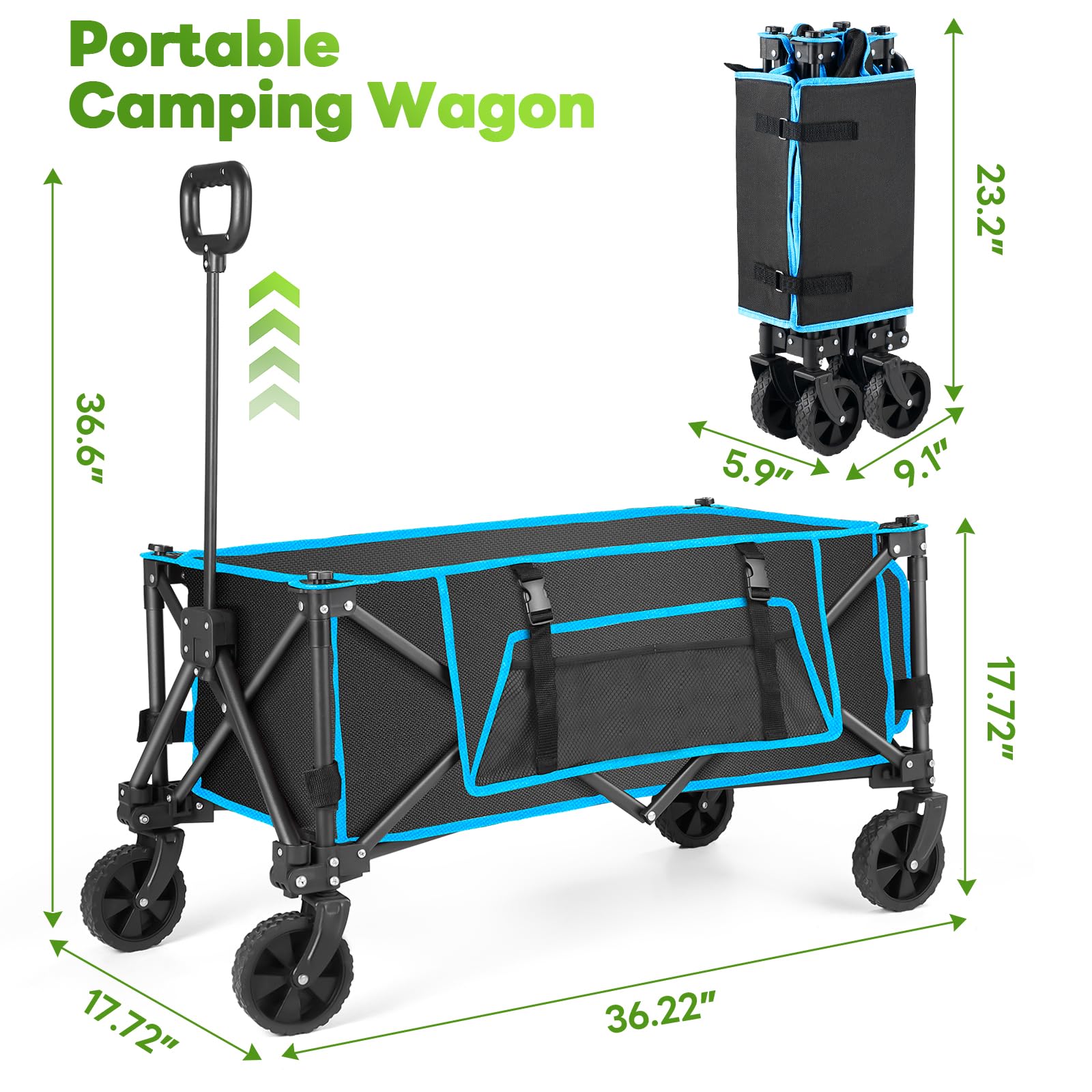 Folding Festival Trolley on Wheels - Foldable Camping Cart 150L Pull Along Garden Wagon Heavy Duty Trolley for Beach Shopping Fishing Picnic Outdoor