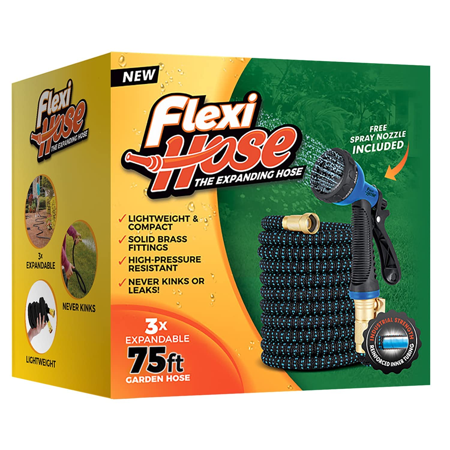 Flexi Hose Upgraded Expandable Garden Hose Pipe Including 8 Function Spray Gun Nozzle - Extra Strength with 2 cm Solid Brass Fittings - No-Kink Flexible Garden Hoses (Orange/Black 15 Metres)