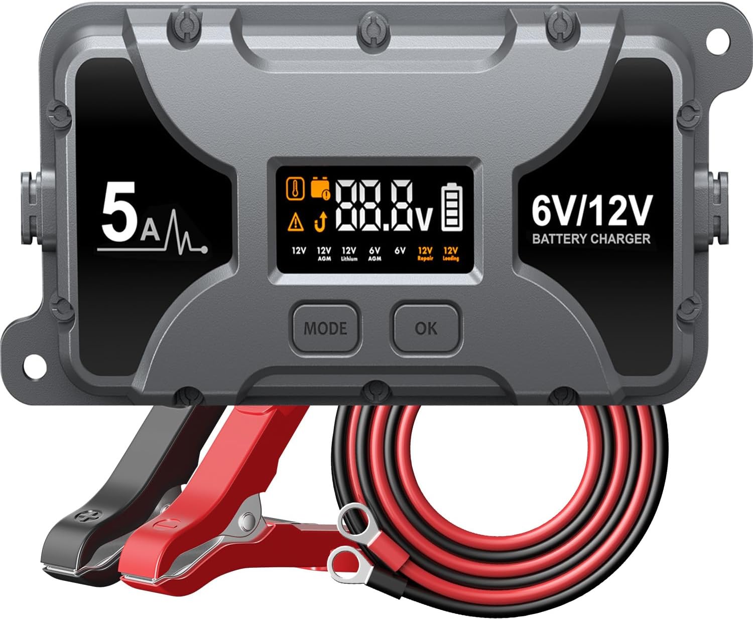 Powerextra 5A Car Battery Charger & Maintainer, 6V/12V Portable Smart Trickle Charger with LED Display & Repair Mode for Lead-Acid AGM Lithium Caravan Batteries