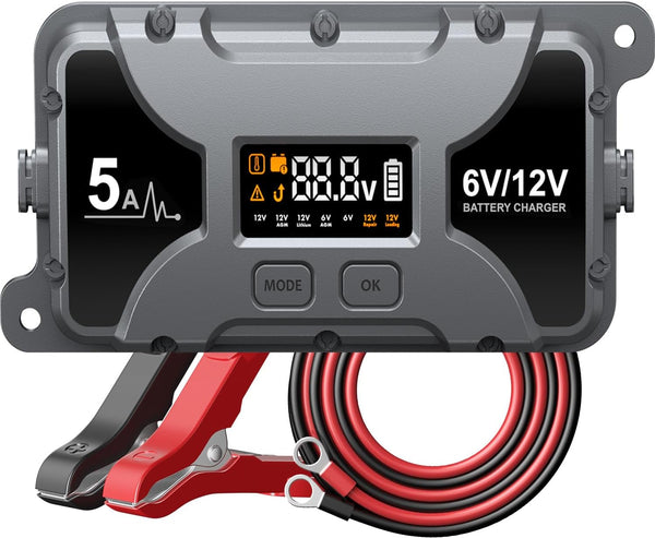 Powerextra 5A Car Battery Charger & Maintainer, 6V/12V Portable Smart Trickle Charger with LED Display & Repair Mode for Lead-Acid AGM Lithium Caravan Batteries