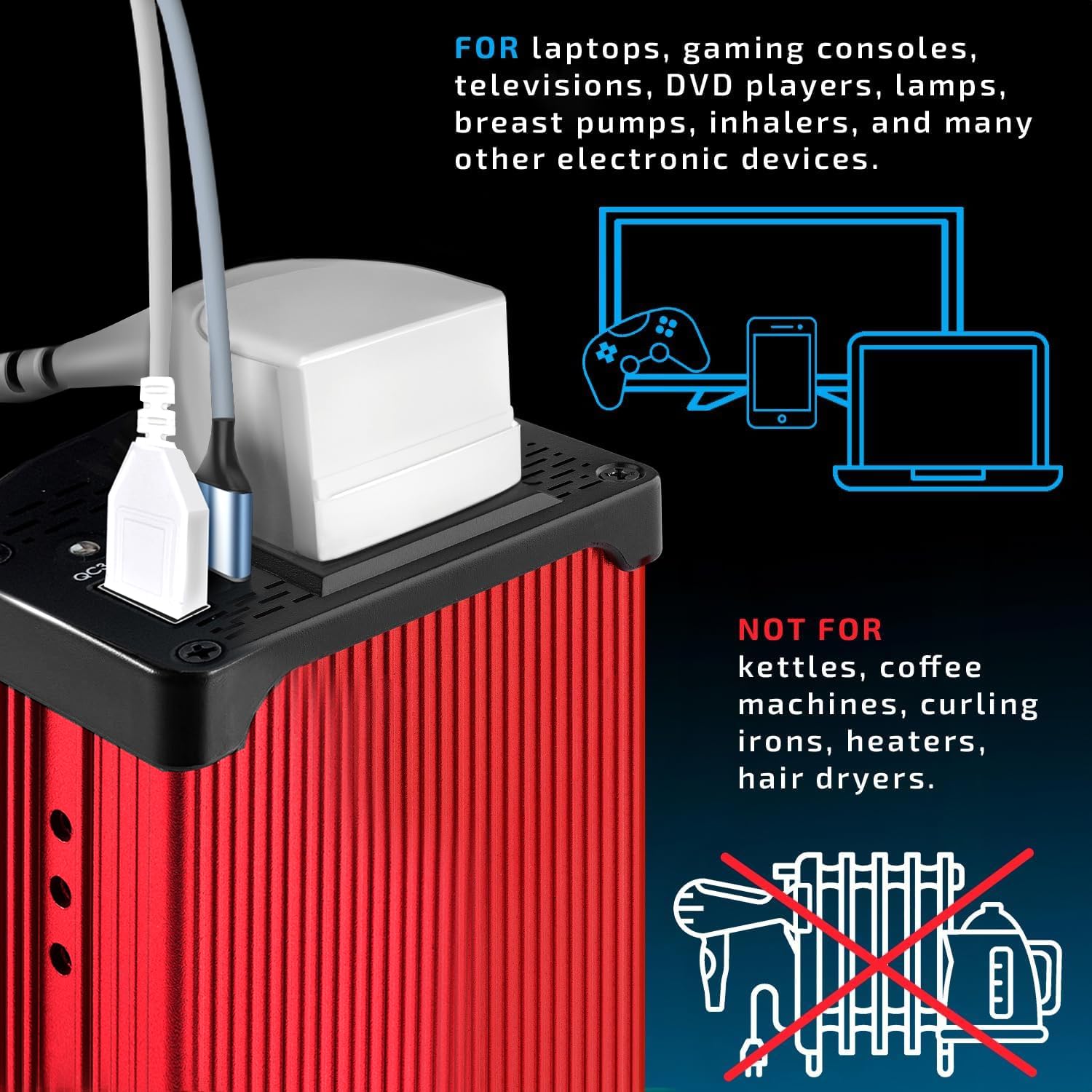 Odoga 300W Car Power Inverter 12V to 240V / 230V Converter, USB-A and USB-C 3A Charging Ports - Charge Your Laptop, iPad, iPhone, Tablet, Consoles & More - Durable and Powerful - Black Aluminum Body