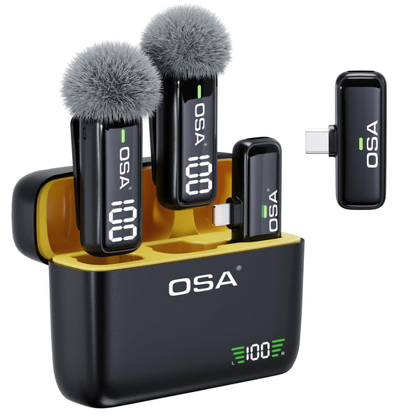 OSA Wireless Microphone for iPhone iPad with Smart Charge Case and Digital Display, 40H Clip on Wireless Lavalier Microphone with Noise Reduction for Video Recording, Plug & Play (2 Mic, 2 Recive)