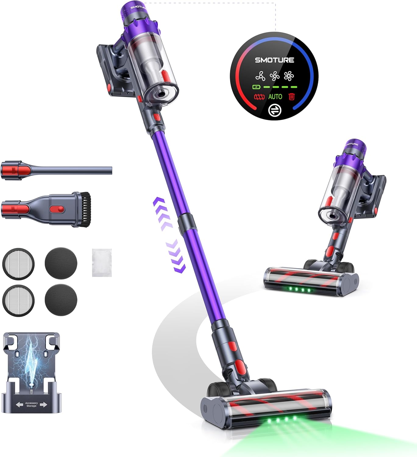 SMOTURE Cordless Vacuum Cleaner, 600W 50KPA Stick Vacuum with Touch Screen, Up to 65 Mins Runtime, Self-Standing Vacuum with Auto Mode, Lightweight Vacuums for Hardwood Floor Carpet Car Pet Hair