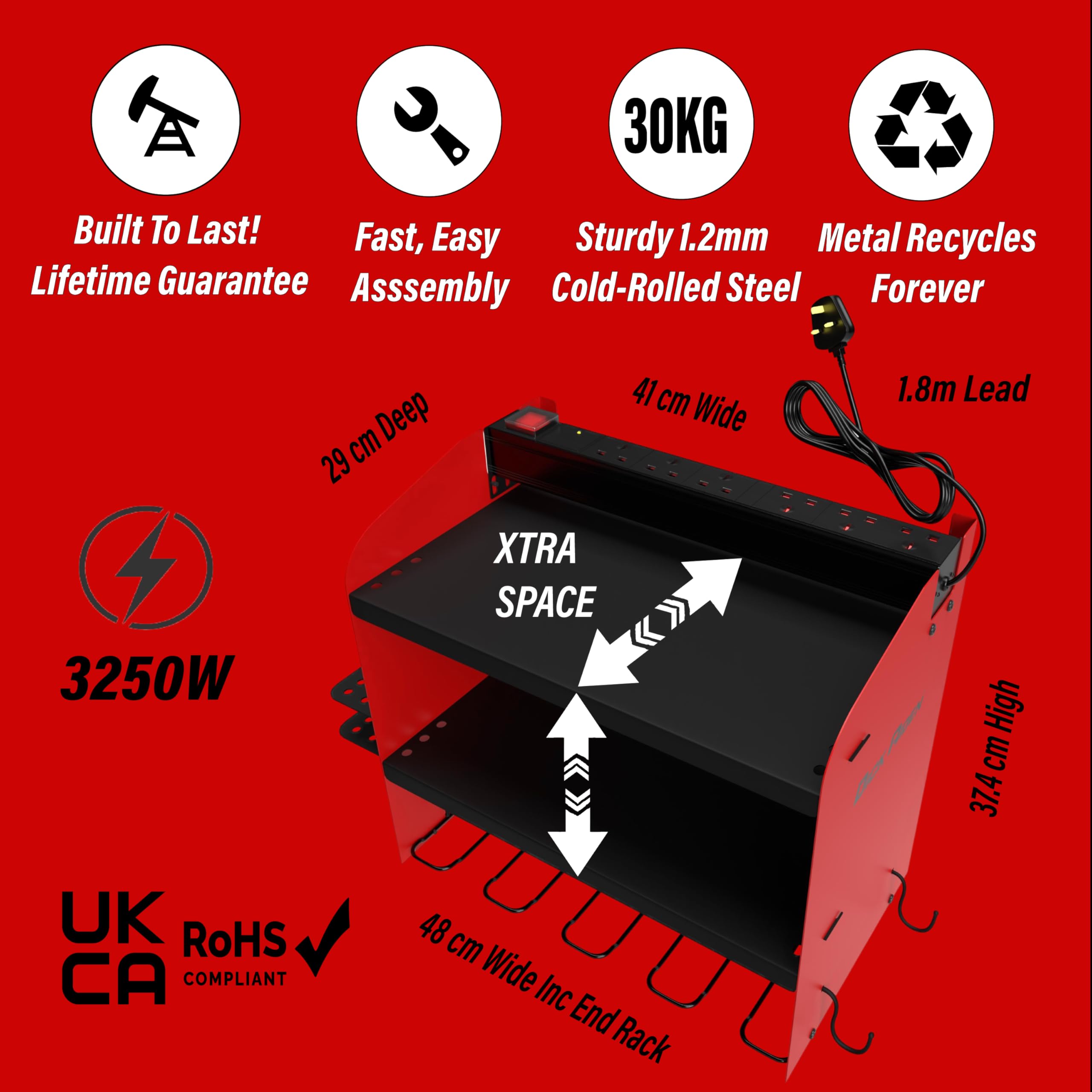 Toolganize Power Tool Organiser, Storage Rack with Power Strip Charging Station, Heavy-Duty for Workshop & Garage Tools - 4 Slot, Milwaukee Red.