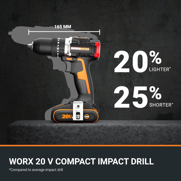WORX WX355.1 20V 55Nm Cordless Brushless Combi Hammer Impact Drill with 2.0Ah Battery, Charger & Case (20 Torque Settings)