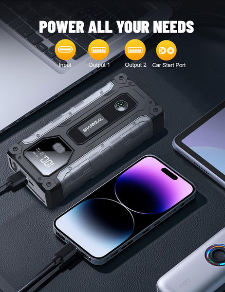 SHARMEAL 6000A Portable Car Battery Booster (all Gas/10L Diesel), Jump Starter Power Pack with 150PSI Air Compressor, 12V Car Jump Starter Power Bank with Jump Leads, LCD Screen, Emergency Light