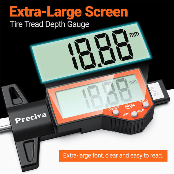 Tyre Tread Depth Gauge, Preciva Silver 0-25.4mm/Inch Digital Tire Checker UK, Tyres Depths Measuring Tool with Large LCD Screen for Cars, Trucks, Vans