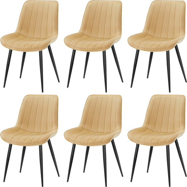 LONGTOO Set of 6 Dining Chairs with Velvet Upholstered Seat & Backrest,Stable Metal Legs,Modern Stripe Design,Champagne