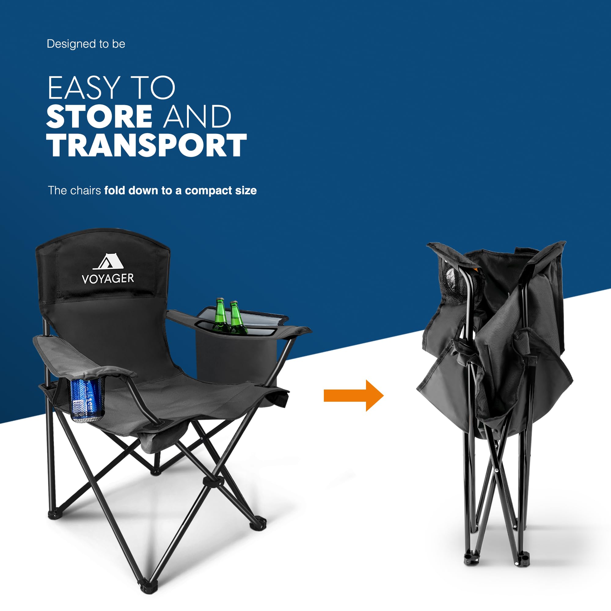 Voyager Folding Camping Chairs 2 Pack with Cooler Bag, Lightweight Q195 Steel Frame, 600D Oxford Fabric, Portable & Comfortable - Black (Black, Padded)