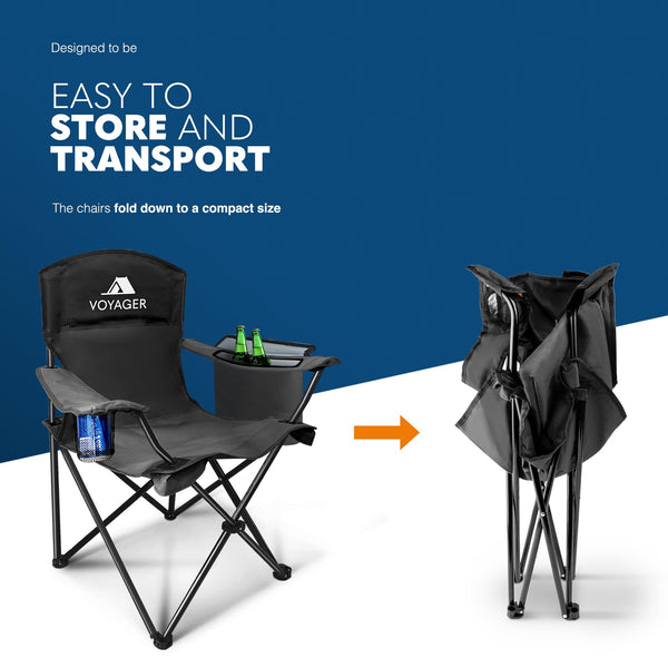 Voyager Folding Camping Chairs 2 Pack with Cooler Bag, Lightweight Q195 Steel Frame, 600D Oxford Fabric, Portable & Comfortable - Black (Black, Padded)