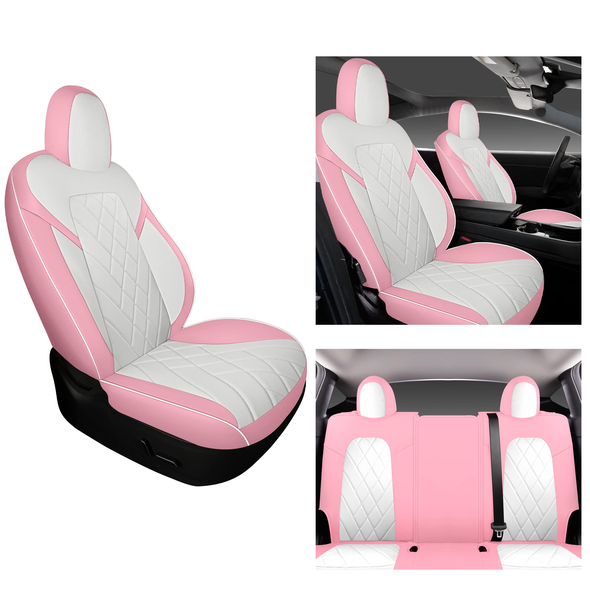 Tapha Faux Leather Seat Cover Set for Tesla Model 3 2017-2022, Breathable and Water-Resistant, Include Seat Covers for Front and Rear Seats (White/Grey)