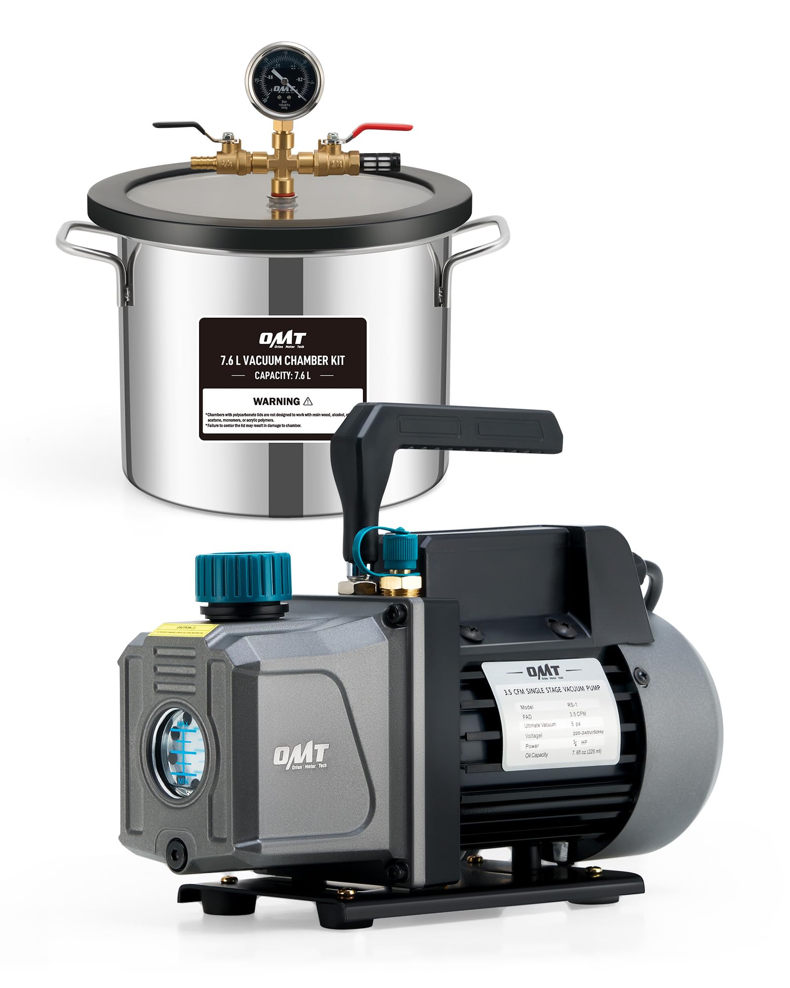 ORION MOTOR TECH 18.9 L Vacuum Chamber with Pump Kit, 3.5 cfm Vacuum Pump and Chamber Kit with Tempered Glass Lid 1.5 m Hose, Vacuum Degassing Chamber Kit for Stabilizing Wood Degassing Silicone Resin