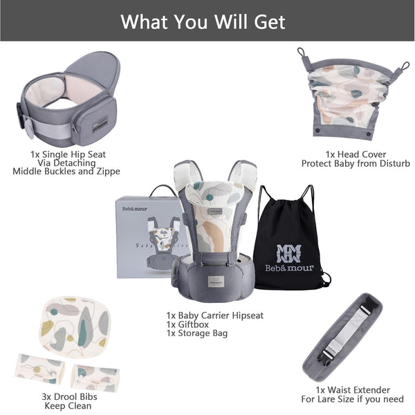 Bebamour Baby Carrier Newborn to Toddler Baby Carrier Hipseat 0-36Months with Head Hood, 3 PCS Teething Pads, Waist Extender, Grey