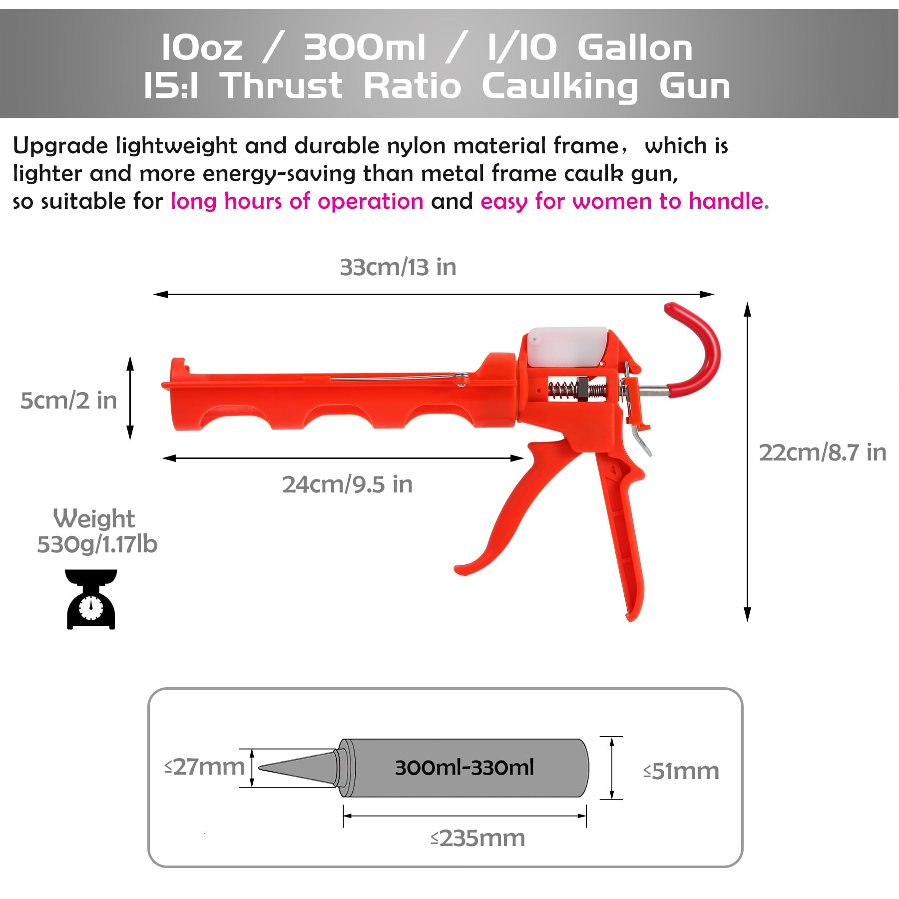 iLitLuk Drip-Free Caulking Gun Ratchet Rod Caulk Gun Applicator 15:1 Thrust Ratio Labor-Saving Lightweight Nylon Frame Cartridge Gun for 10oz/300ml Standard Caulk Tubes with Silicone Finishing Tools