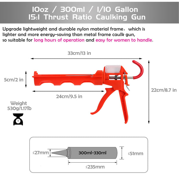 iLitLuk Drip-Free Caulking Gun Ratchet Rod Caulk Gun Applicator 15:1 Thrust Ratio Labor-Saving Lightweight Nylon Frame Cartridge Gun for 10oz/300ml Standard Caulk Tubes with Silicone Finishing Tools