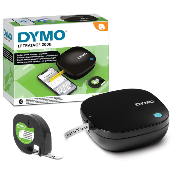 Dymo LetraTag 200B Bluetooth Label Maker | Compact Label Printer | Connects Through Bluetooth Wireless Technology to iOS and Android | Includes 1 White Paper Label Tape | Black