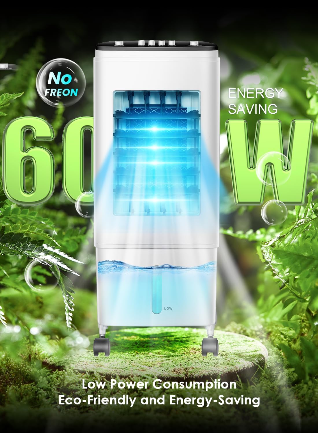 Portable Air Conditioner, 【2025 Newest 3-in-1 Evaporative Air Cooler】 with 3 Speeds, 26ft Cooling Range, 60° Auto Swing, 6L Water Tank & 3 Ice Packs, 35dB Quiet, 60W, for Home, Office, Bedroom