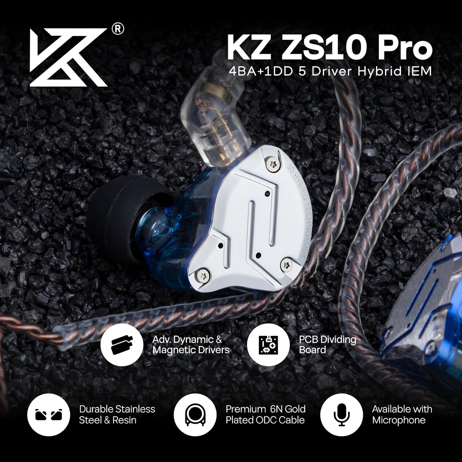 Linsoul KZ ZS10 Pro, 4BA+1DD 5 Driver in Ear Monitor, HiFi Wired Earbuds, Gaming Earbuds, Hybrid IEM Earphones with Stainless Steel Faceplate, Recessed 2 Pin Detachable Cable(With Mic, Glare Blue)