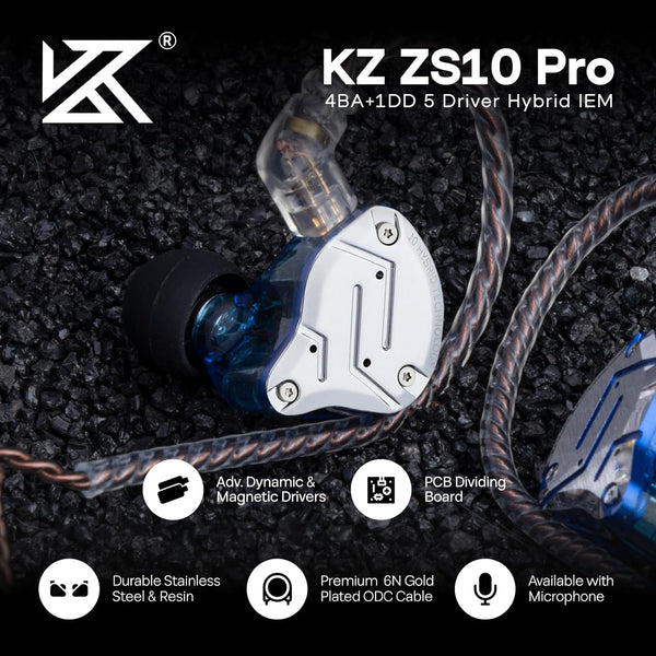 Linsoul KZ ZS10 Pro, 4BA+1DD 5 Driver in Ear Monitor, HiFi Wired Earbuds, Gaming Earbuds, Hybrid IEM Earphones with Stainless Steel Faceplate, Recessed 2 Pin Detachable Cable(With Mic, Glare Blue)