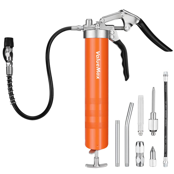 ValueMax Mini Grease Gun Kit, Pistol Grip 3500PSI Grease Gun with 85g Cartridge Grease, with Flexible Hose, Metal Pipes, Couplers and Nozzles