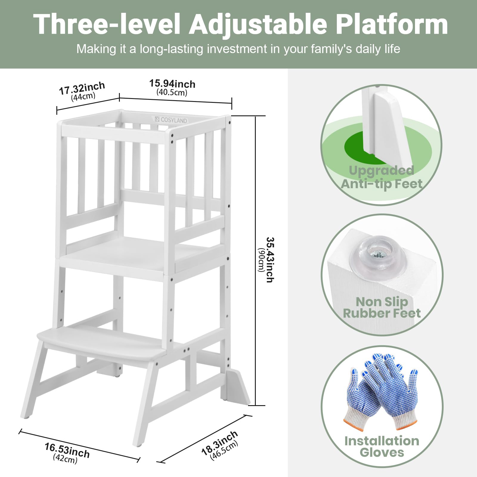 COSYLAND Height Adjustable Kids Kitchen Step Stool with Anti-tip Support Corners - Kids Standing Tower for Kitchen Counter, Bathroom, Nursery (Black)