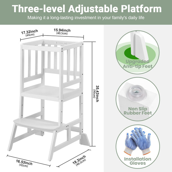 COSYLAND Height Adjustable Kids Kitchen Step Stool with Anti-tip Support Corners - Kids Standing Tower for Kitchen Counter, Bathroom, Nursery (Black)