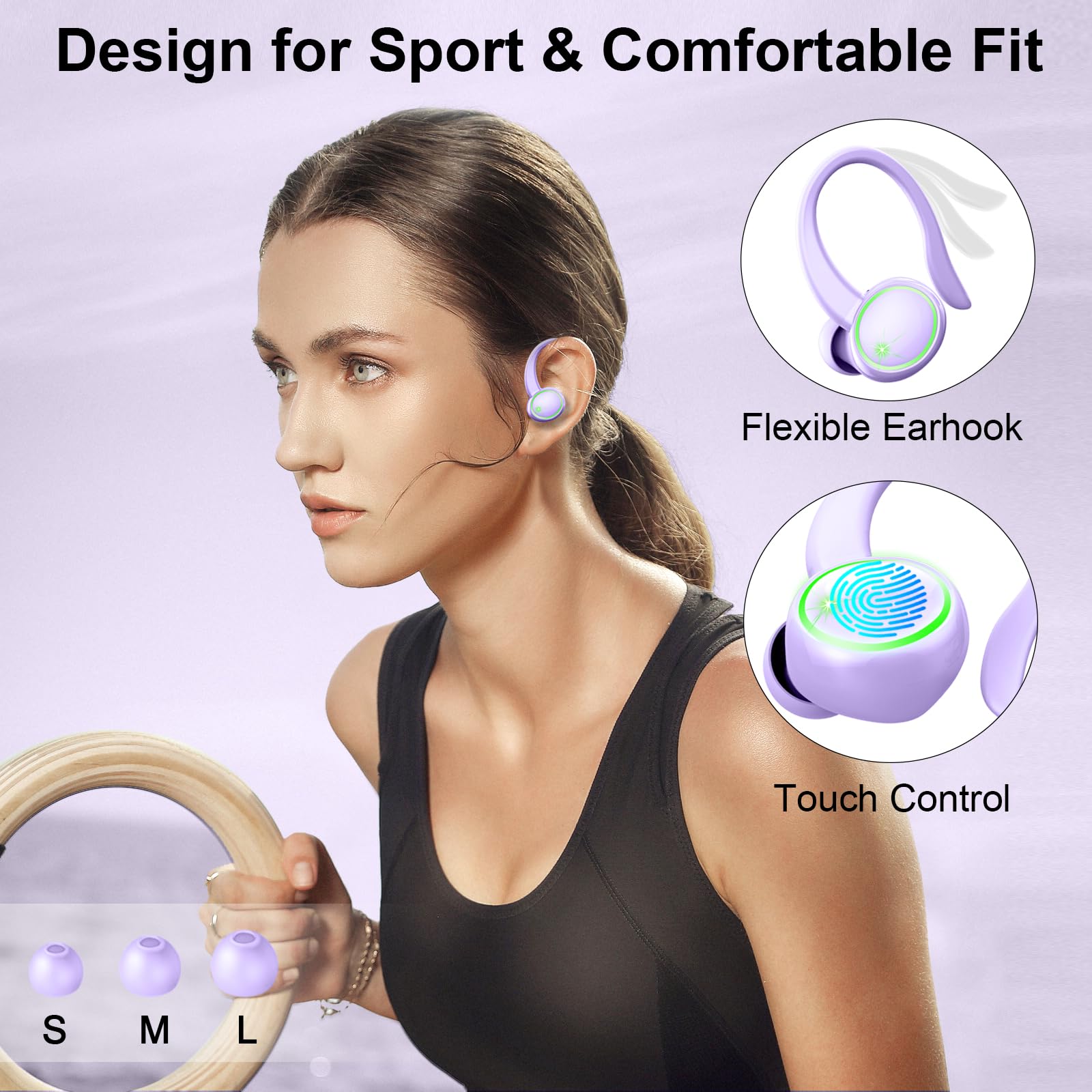 Wireless Earbuds, Bluetooth 5.4 Headphones, 50H+ Playtime Stereo Noise Canceling Headphones with 4 ENC Mic, Sport Ear buds with Earhooks, IPX7 Waterproof Wireless Earphones for Sport/Running/Gym