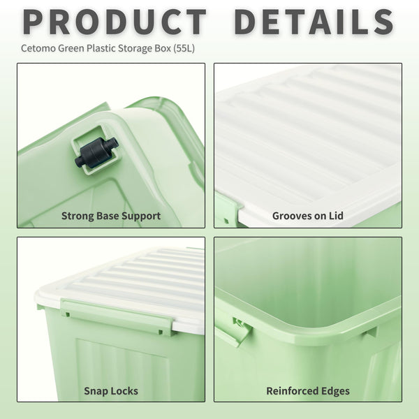 Cetomo 55L*4 Storage Boxes with Wheels, Plastic Storage Box with Lid, Latching Buckles, Click Closure, Stackable, Nesting, Durable Organizer for Home