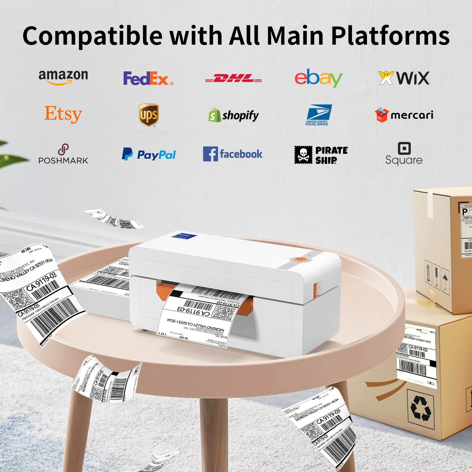 JADENS Bluetooth Thermal Label Printer, 4x6 Shipping Label Printer for Shipping Packages 203DPI, 1.57"-4.1" Printing Size Compatible with Hermes, Royal Mail, Amazon, Shopify